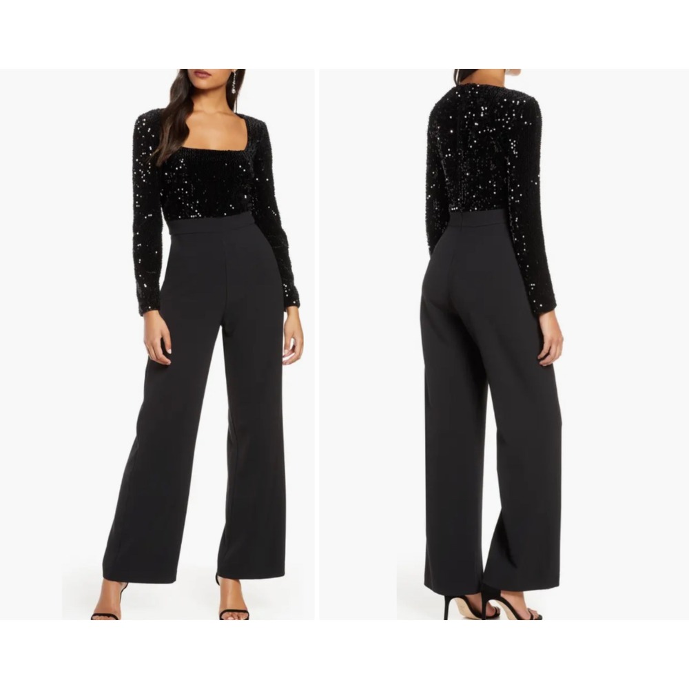 Eliza J Sz 0 Jumpsuit Black Sequin Square Neck Long Sleeve Wide Leg Party Formal